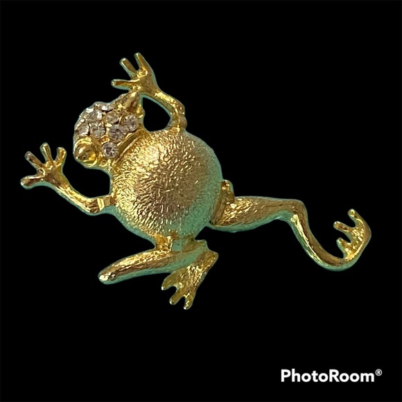 Gold Tone M Jent Frog Brooch With Clear Rhinestone Bling Head - Picture 9 of 9